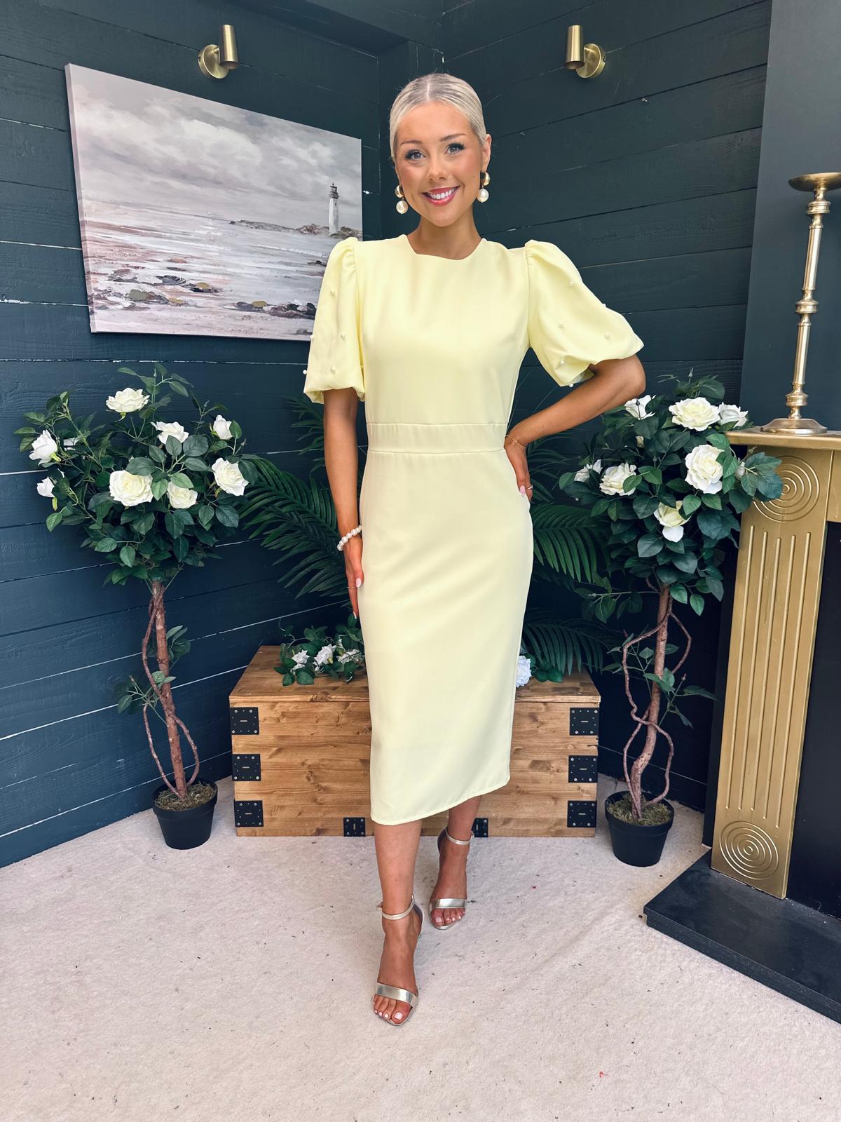 Caitlyn Pearl Embellished Occasion Dress Yellow