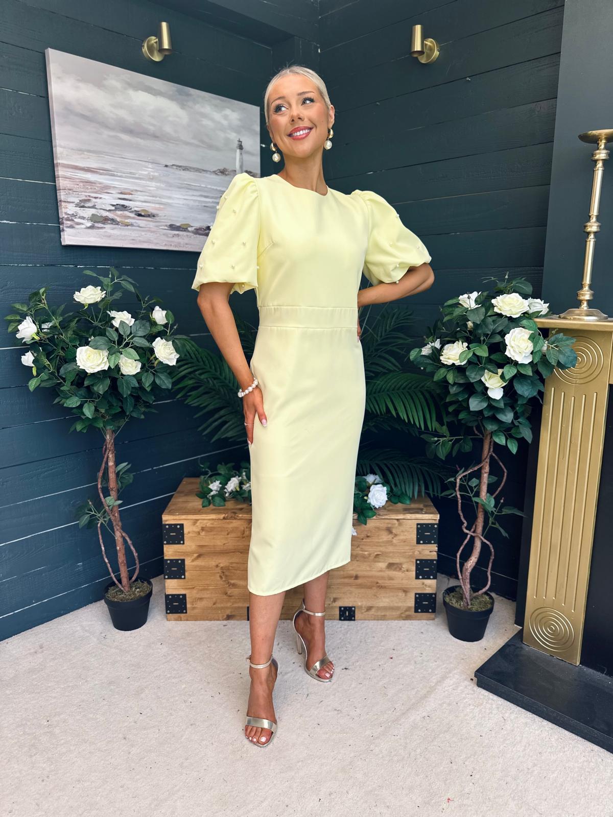 Caitlyn Pearl Embellished Occasion Dress Yellow