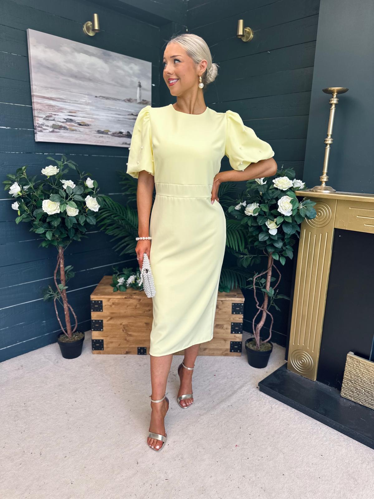 Caitlyn Pearl Embellished Occasion Dress Yellow