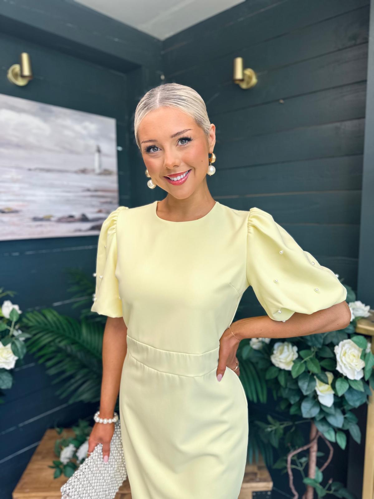 Caitlyn Pearl Embellished Occasion Dress Yellow