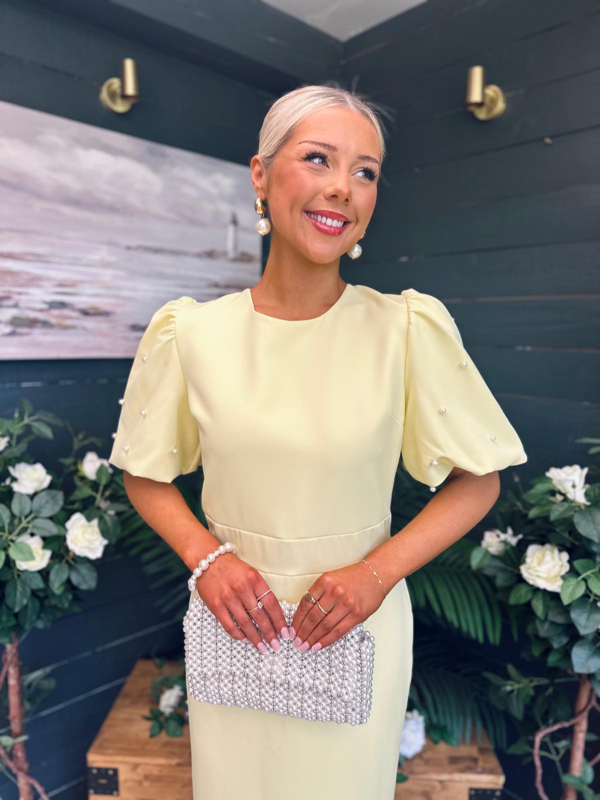 Caitlyn Pearl Embellished Occasion Dress Yellow