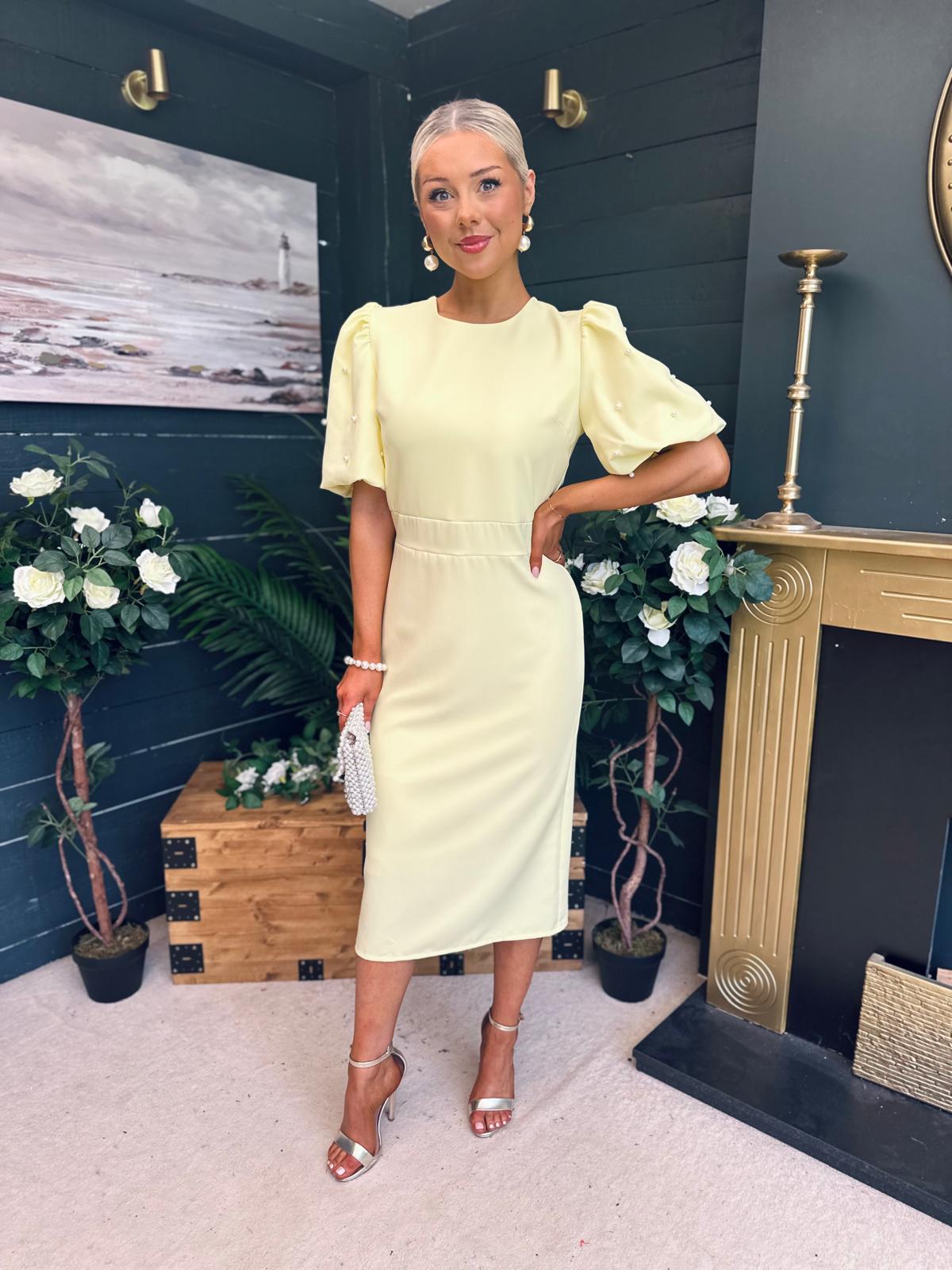 Caitlyn Pearl Embellished Occasion Dress Yellow