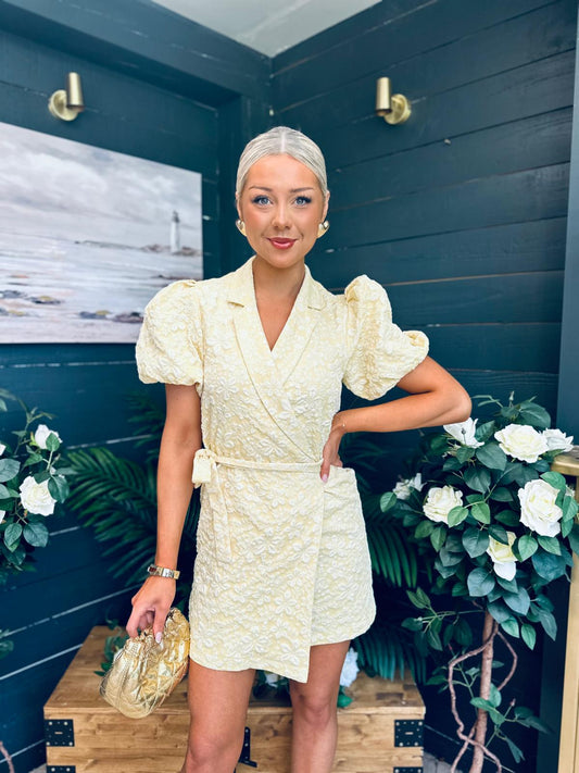 Clia Puff Sleeve Wrap Mini Dress Yellow