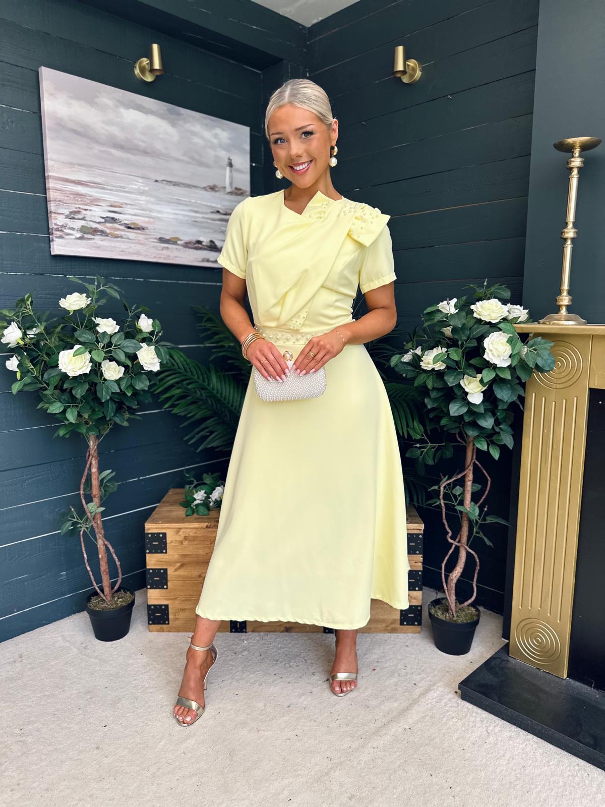 Blake Pearl Embellished Occasion Dress Yellow