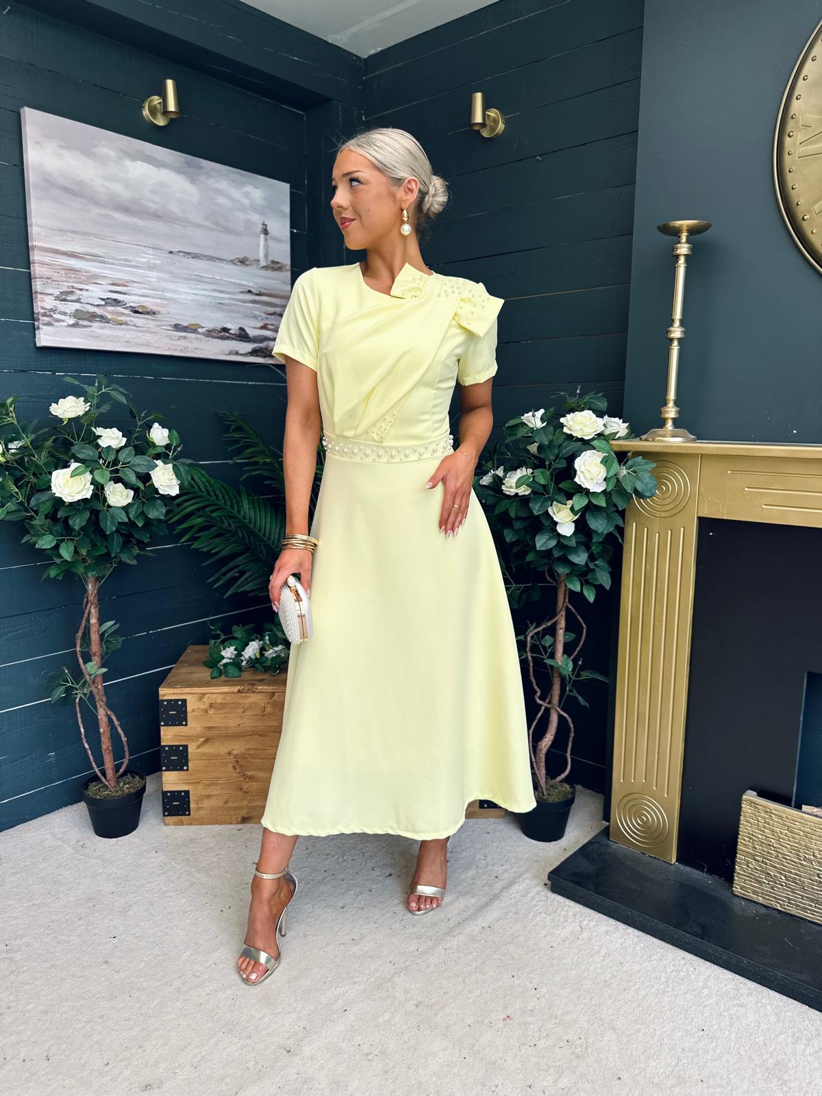 Blake Pearl Embellished Occasion Dress Yellow