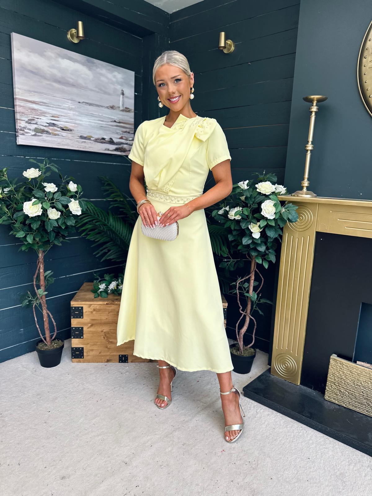 Blake Pearl Embellished Occasion Dress Yellow