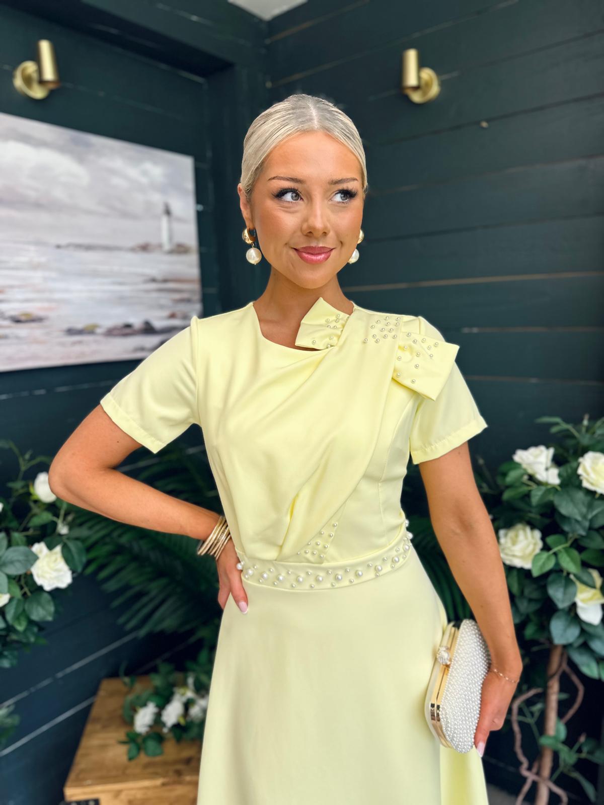 Blake Pearl Embellished Occasion Dress Yellow