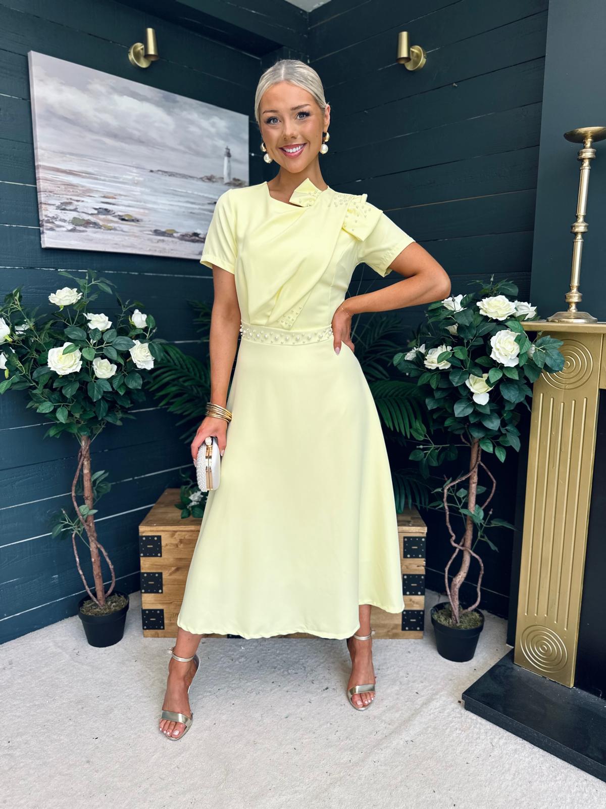 Blake Pearl Embellished Occasion Dress Yellow