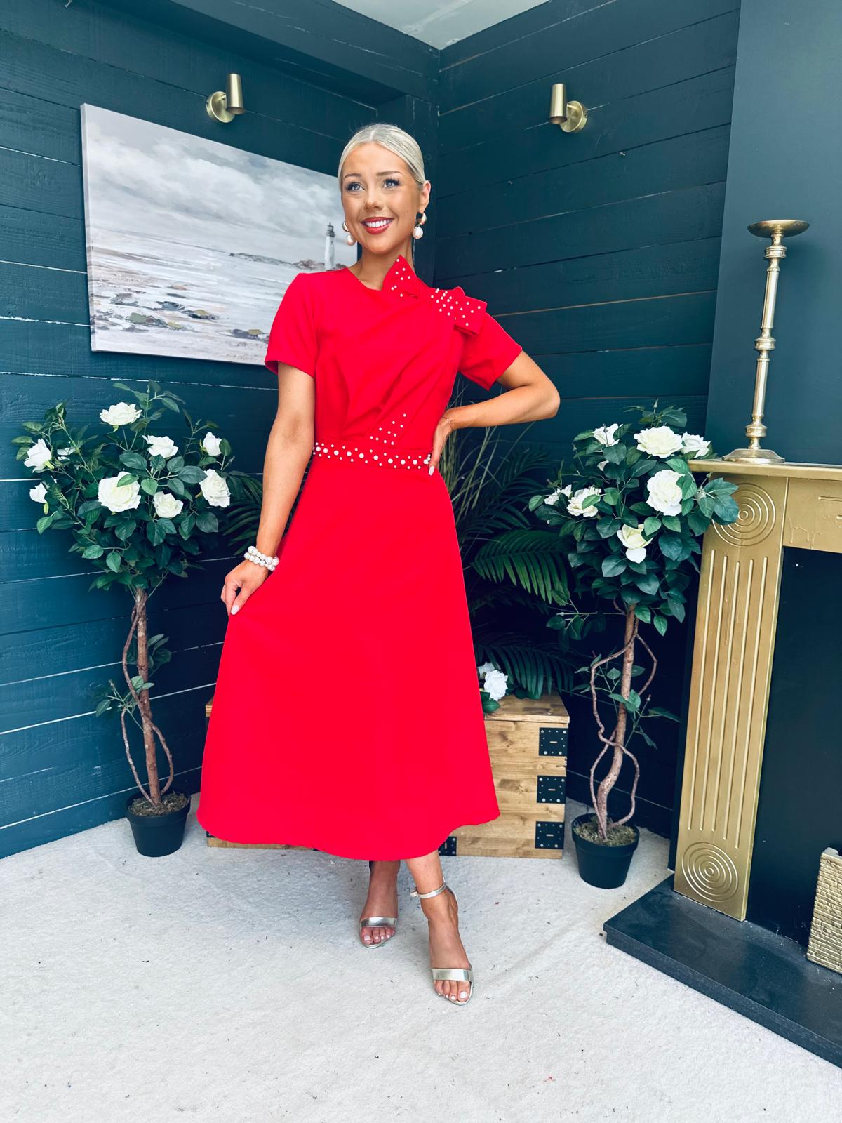 Blake Pearl Embellished Occasion Dress Red