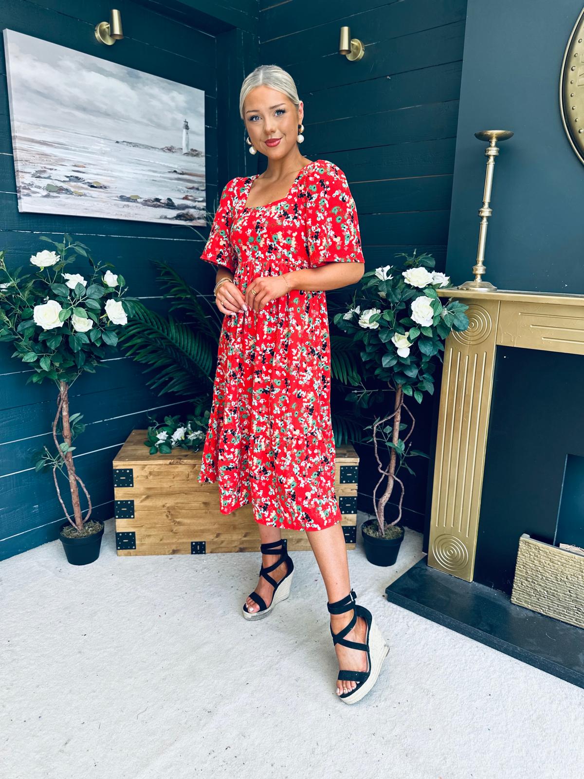 Aspen Square Neck Tiered Midaxi Dress Red