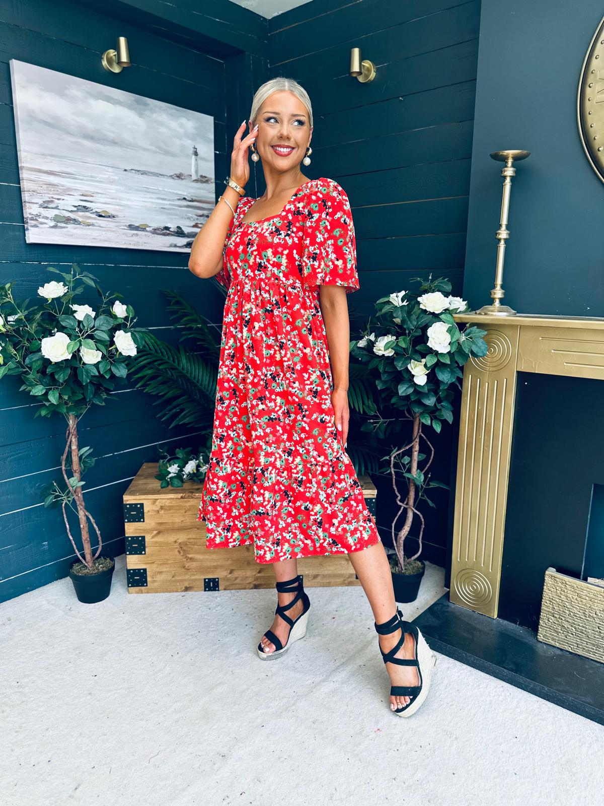 Aspen Square Neck Tiered Midaxi Dress Red