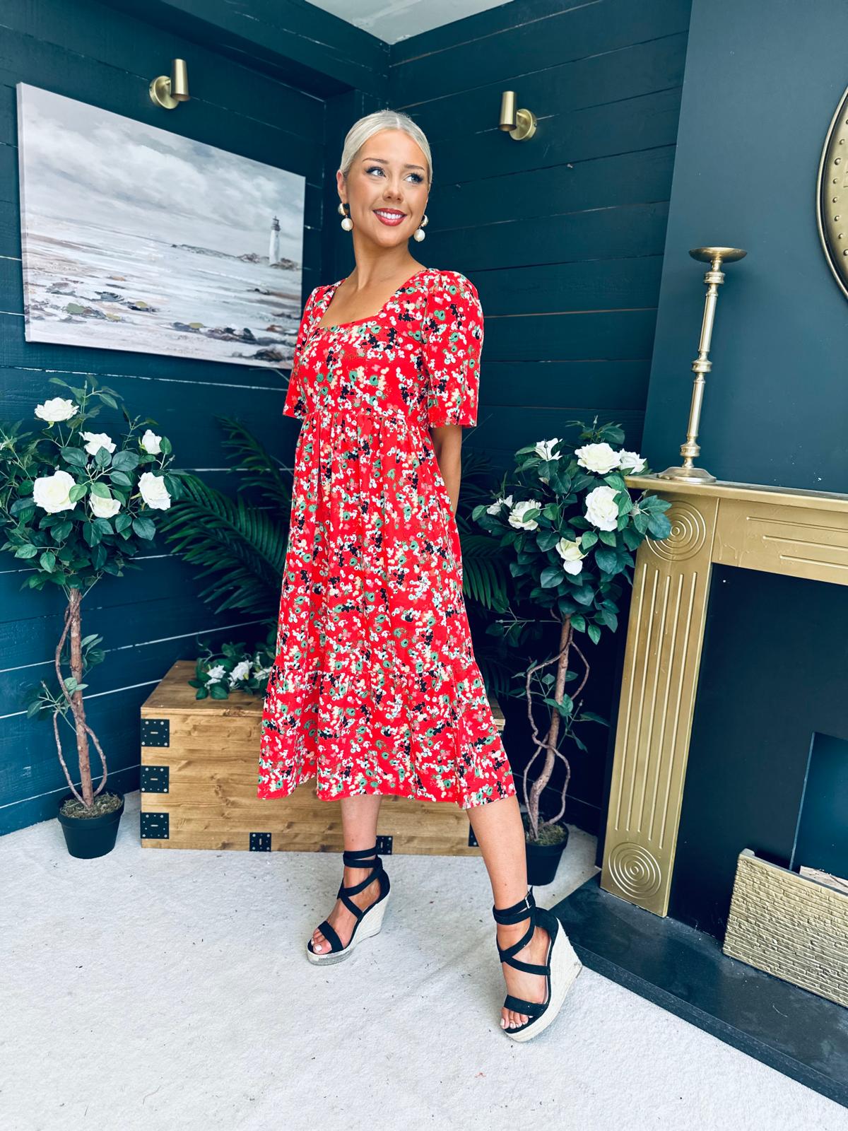 Aspen Square Neck Tiered Midaxi Dress Red