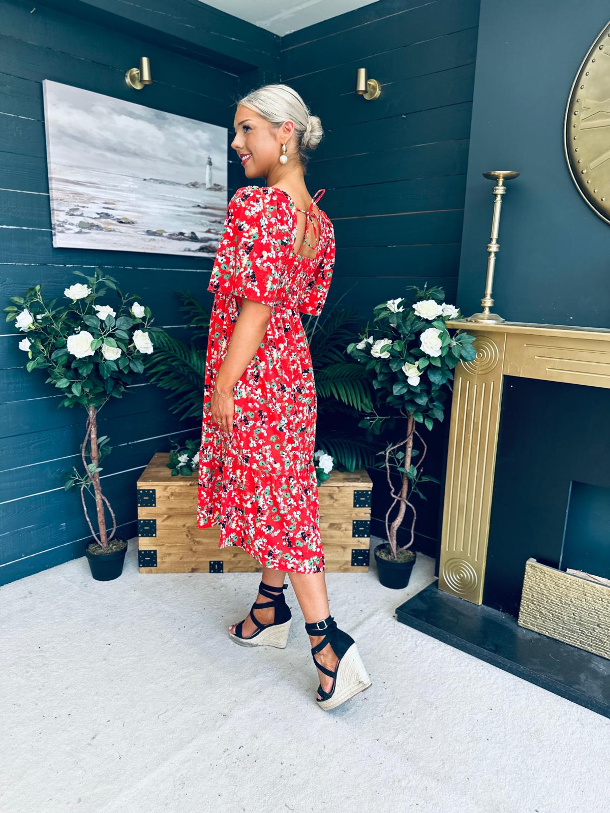 Aspen Square Neck Tiered Midaxi Dress Red