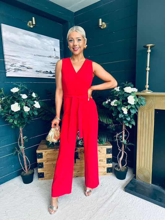 Trisha Tailored Waistcoat Jumpsuit Red