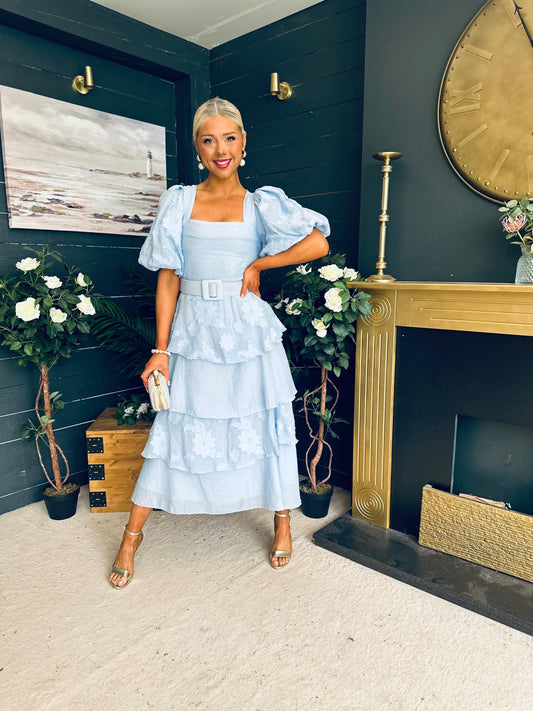 Evelyn Puff Sleeve Occasion Dress Pwr Blue