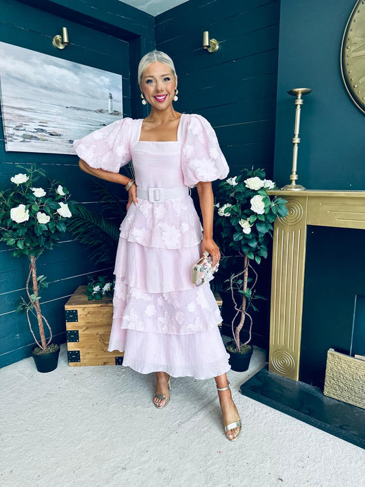 Evelyn Puff Sleeve Occasion Dress Pwr Pink