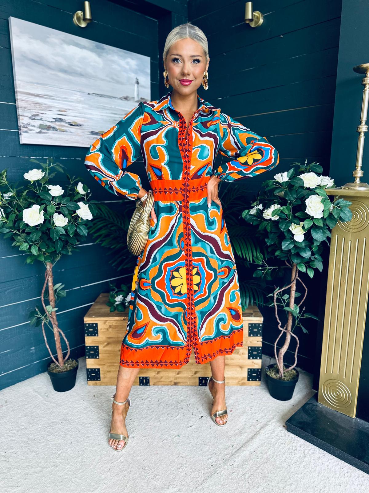 Alison Abstract Shirt Dress Orange