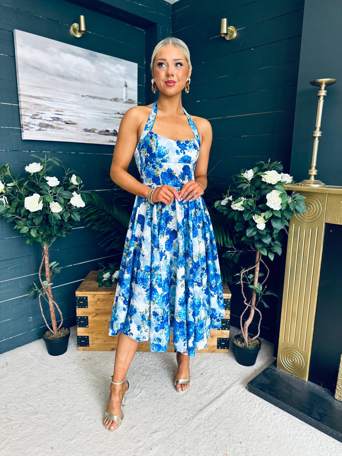 Fran Detailed Halterneck Midi Dress Cobalt