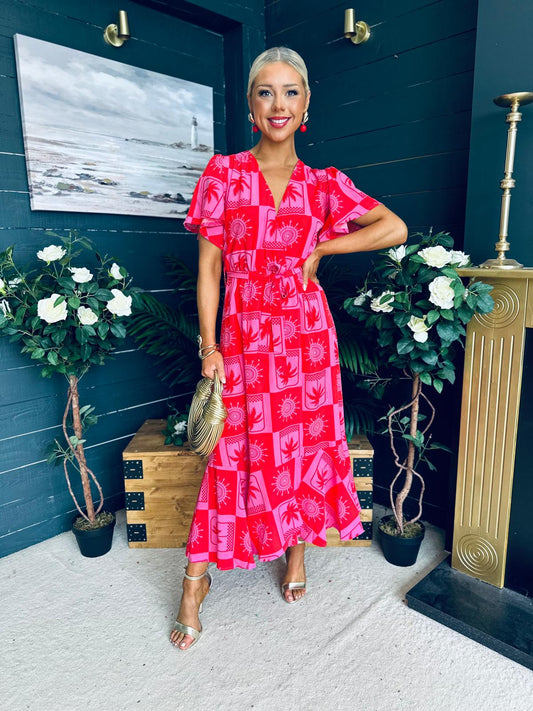Norah Short V Neck Midi Dress Pink Red