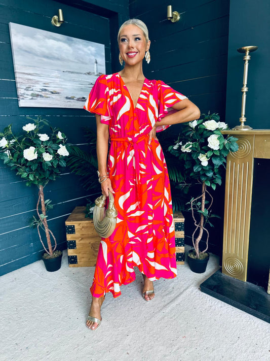 Norah Short V Neck Midi Dress Pink Amber