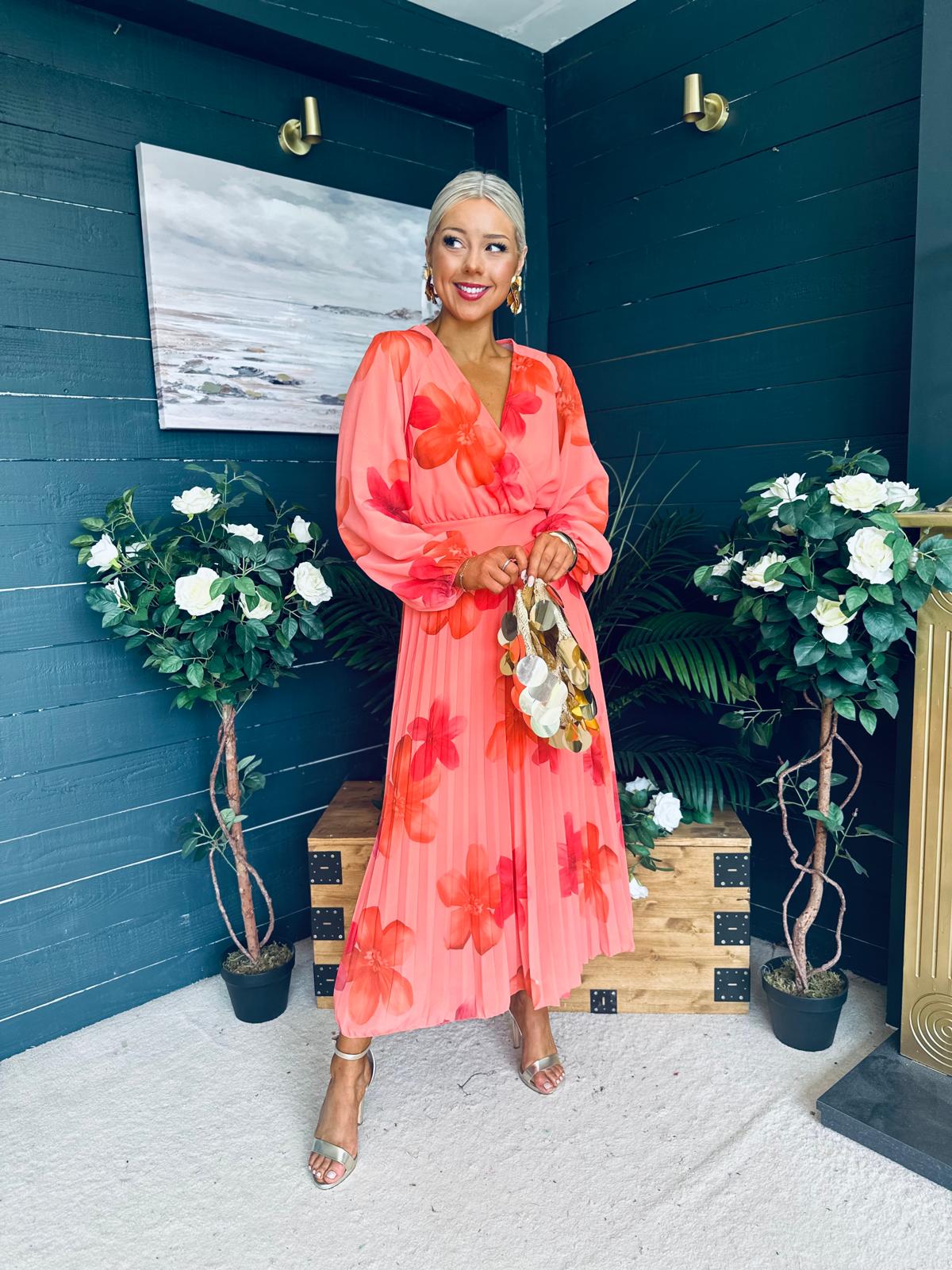 Faith Pleated Midi Dress Floral Coral