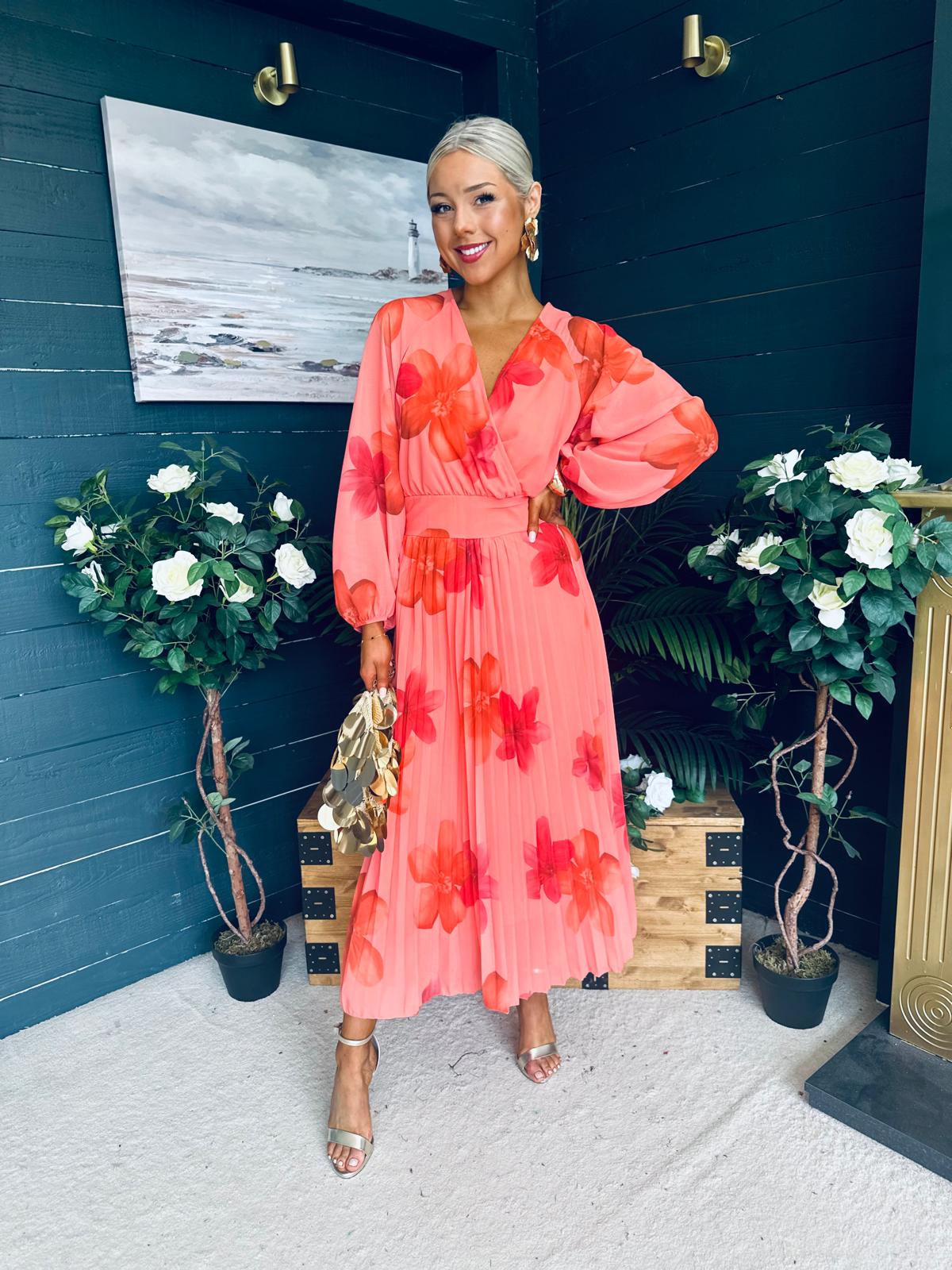 Faith Pleated Midi Dress Floral Coral