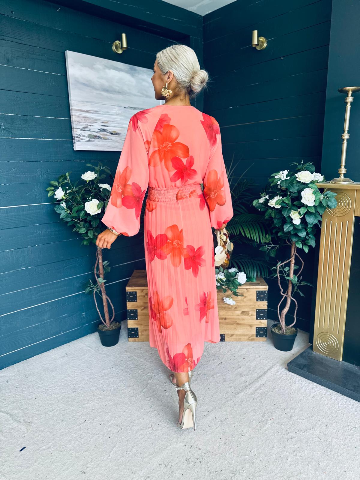 Faith Pleated Midi Dress Floral Coral