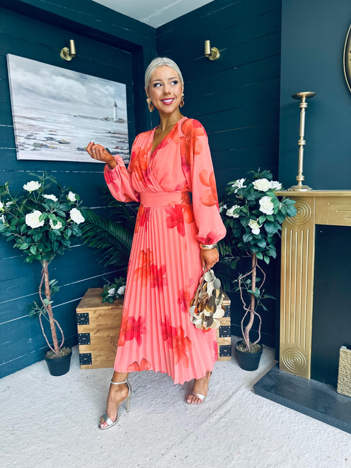 Faith Pleated Midi Dress Floral Coral