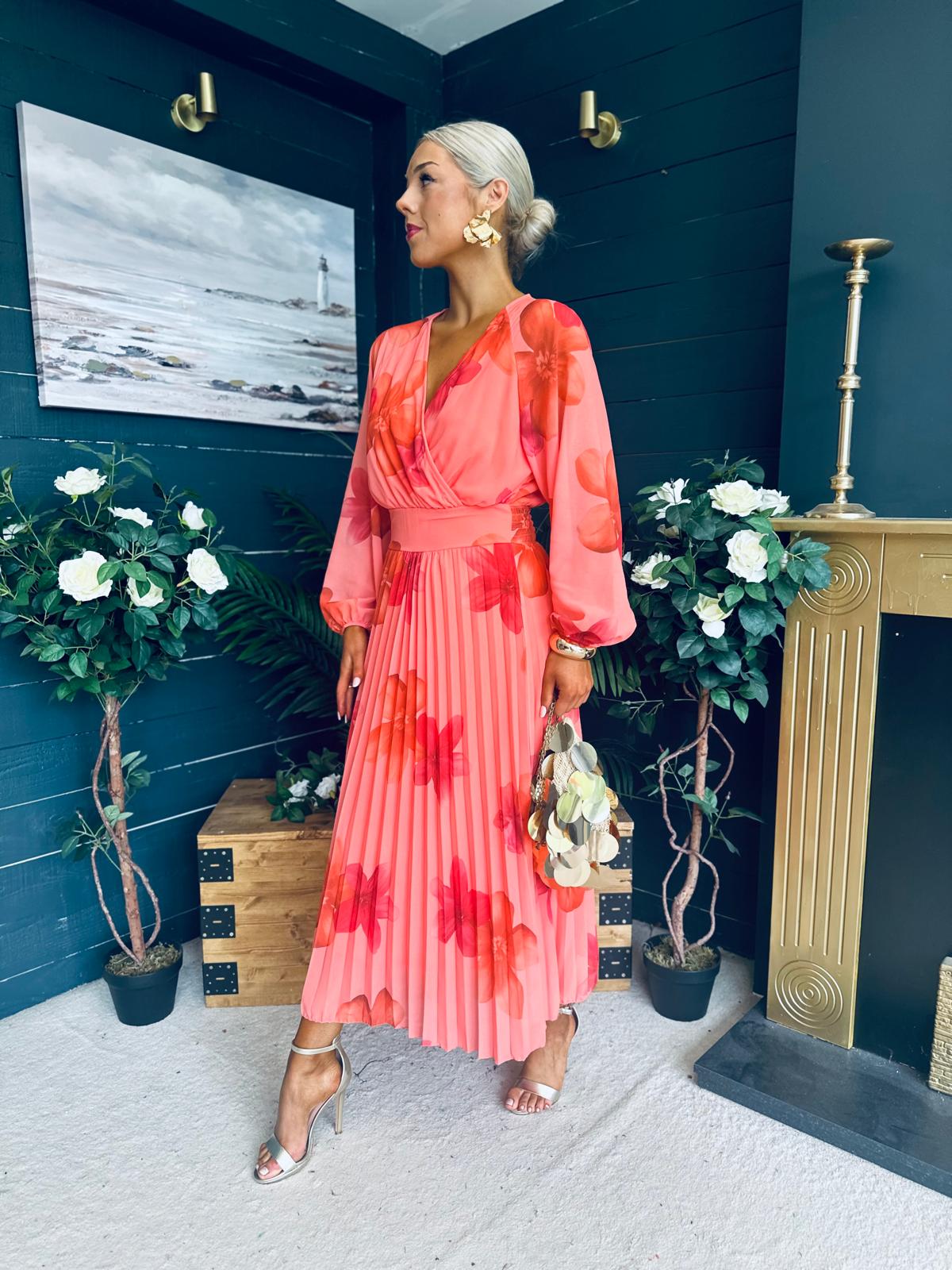 Faith Pleated Midi Dress Floral Coral