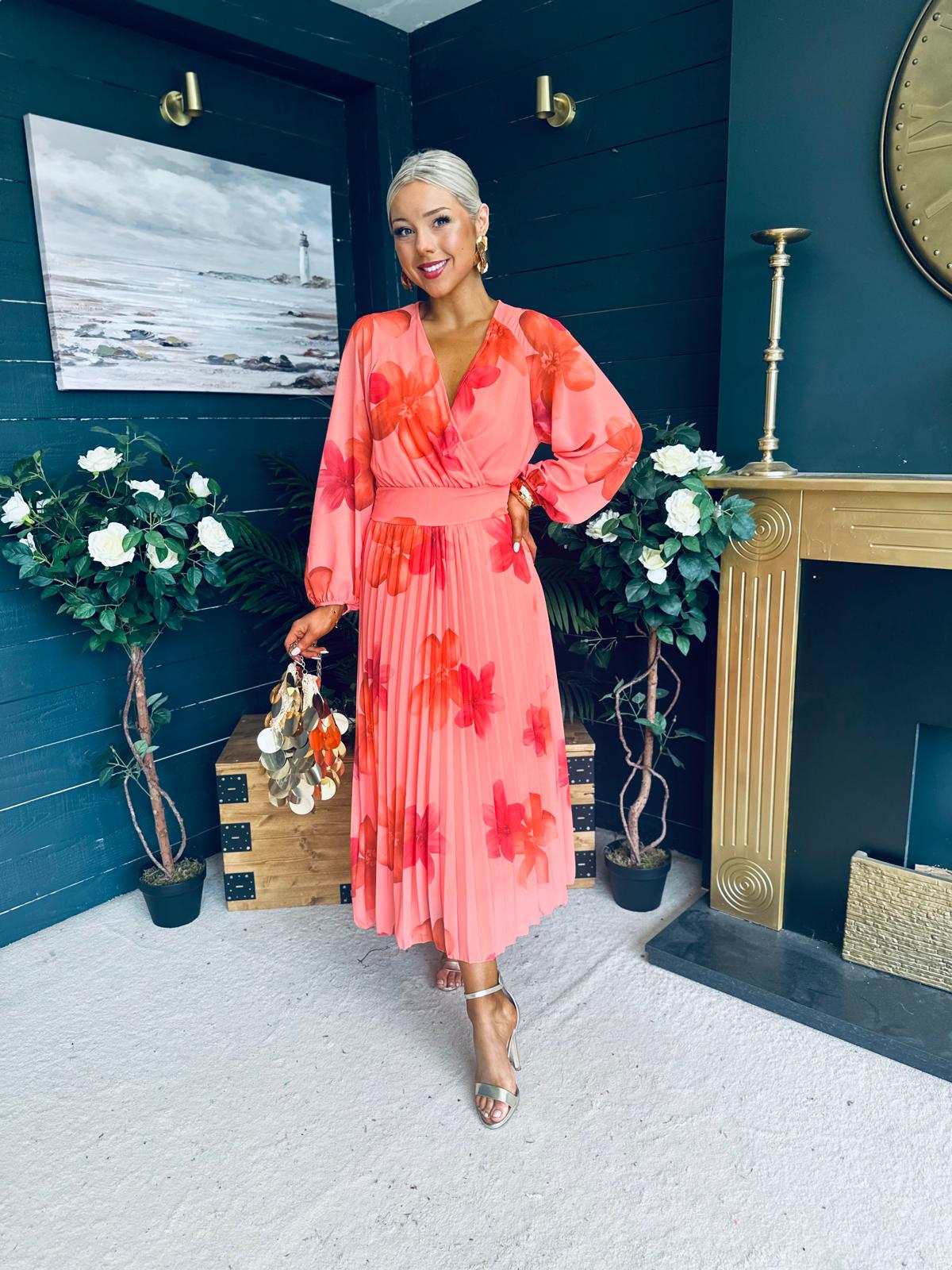Faith Pleated Midi Dress Floral Coral