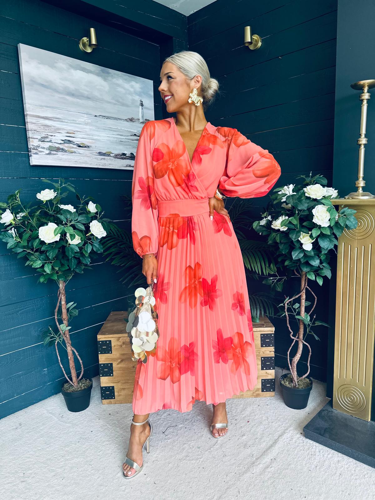 Faith Pleated Midi Dress Floral Coral