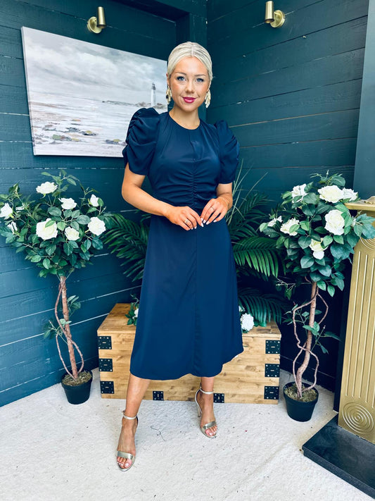 Aileen Ruched Detail Puff Sleeve Midi Dress Navy
