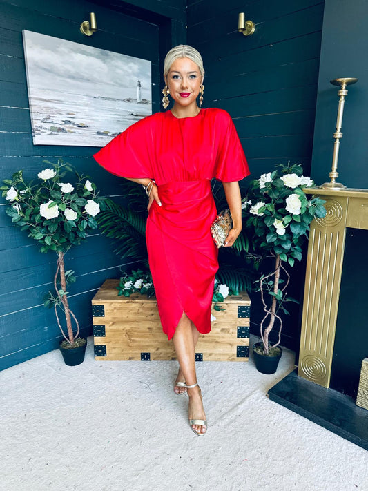 Shelly Detailed Batwing Midi Dress Red