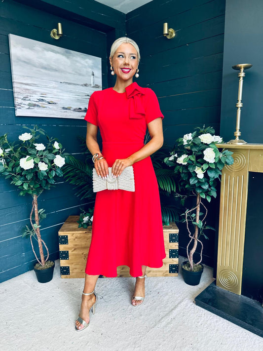 Minta Bow Detail Short Sleeve Midi Dress Red