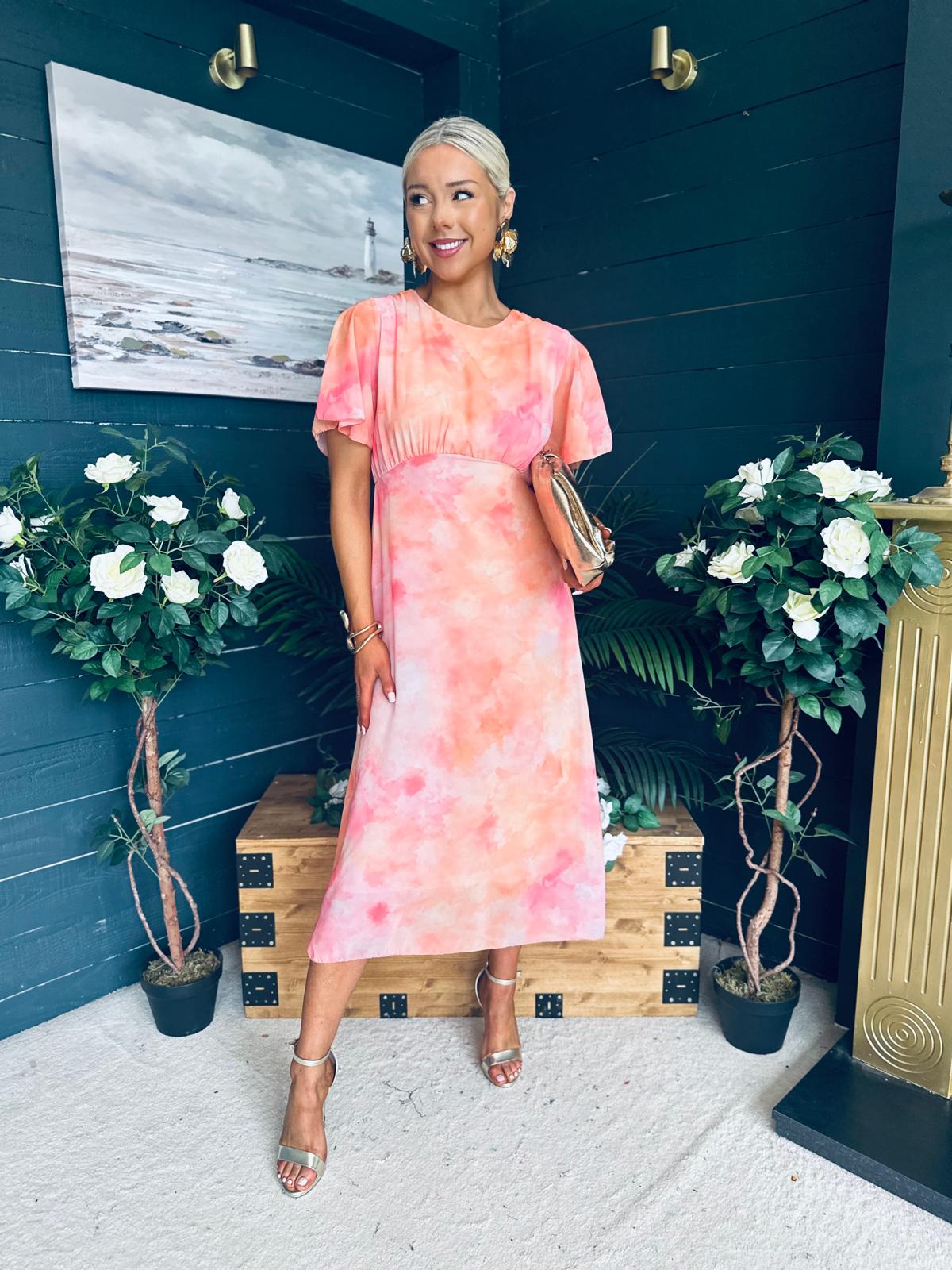 Eabha Angel Sleeve Midi Dress Peach
