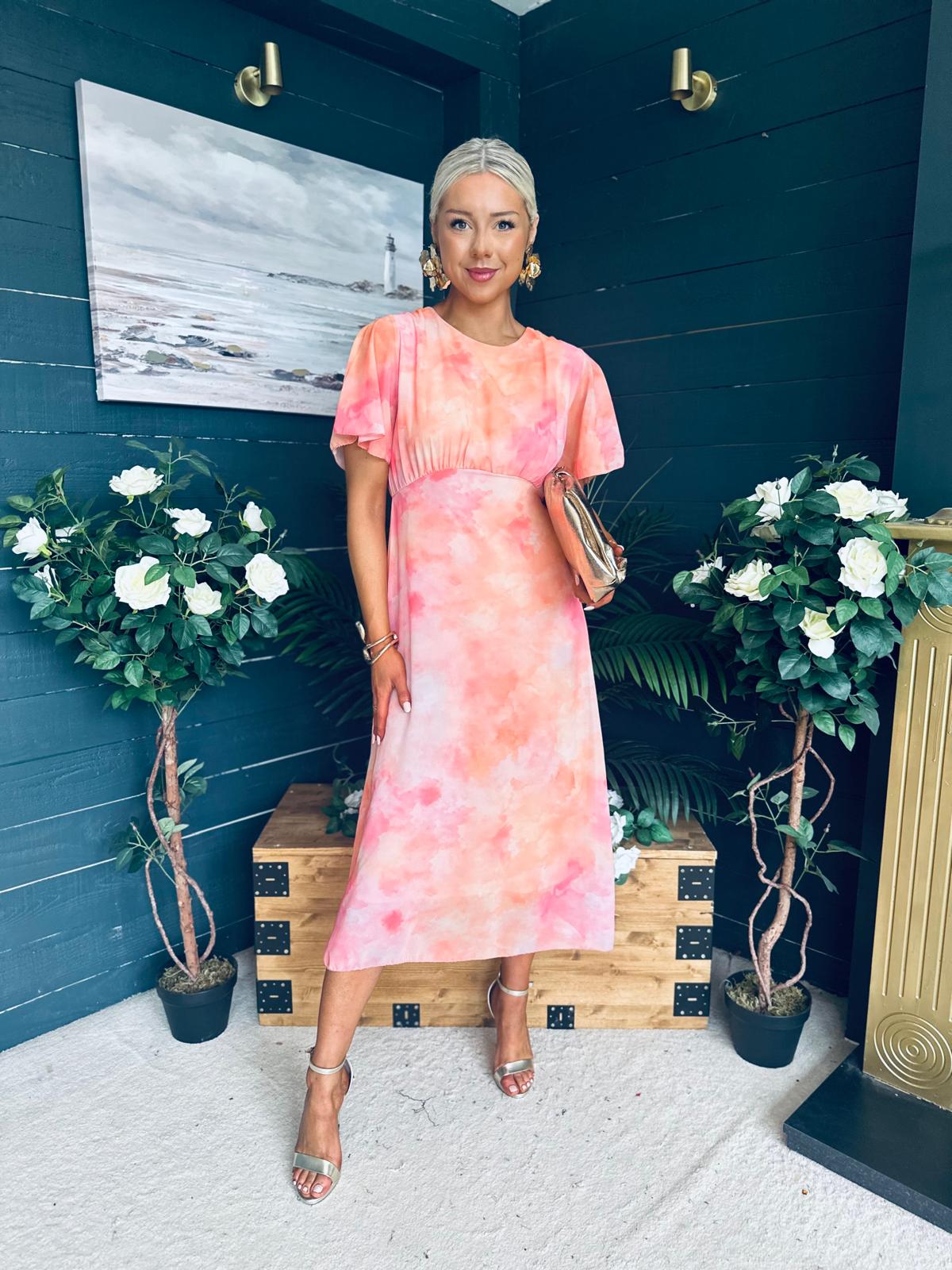 Eabha Angel Sleeve Midi Dress Peach