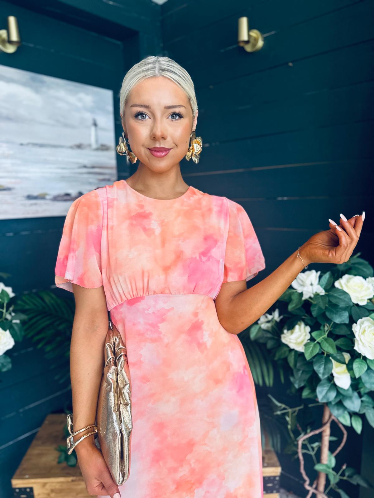Eabha Angel Sleeve Midi Dress Peach