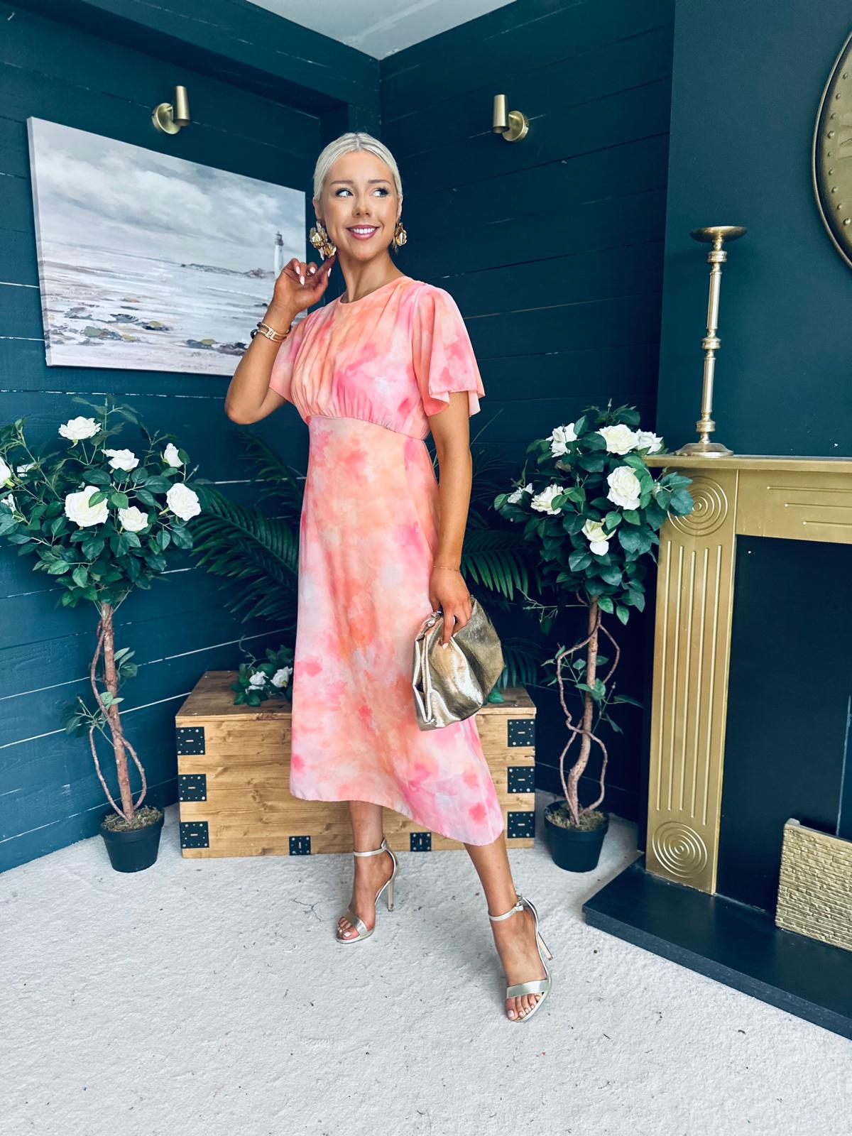 Eabha Angel Sleeve Midi Dress Peach