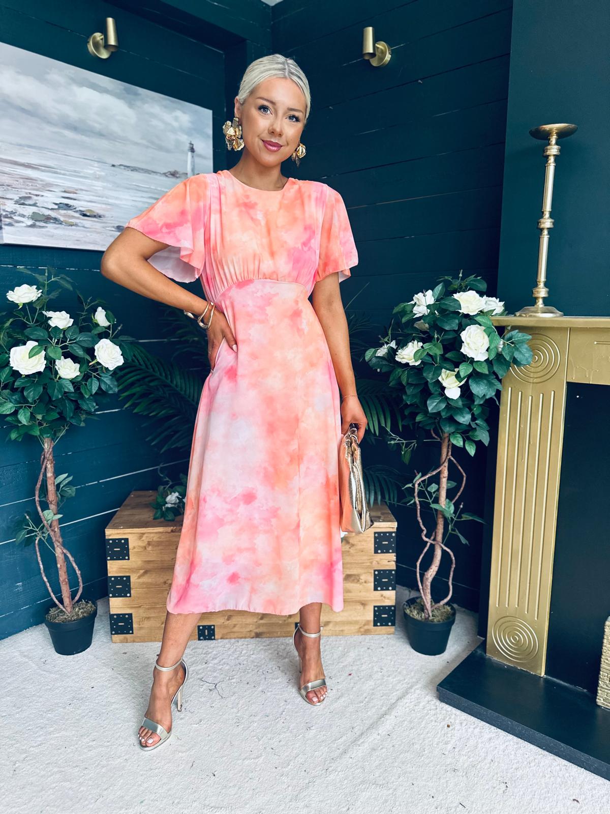 Eabha Angel Sleeve Midi Dress Peach