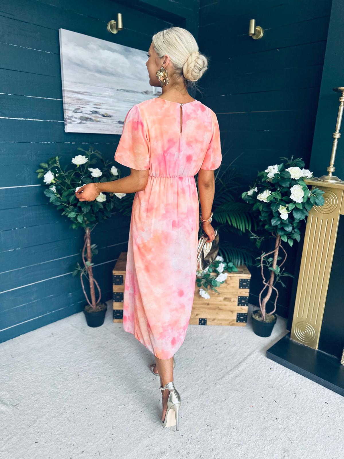 Eabha Angel Sleeve Midi Dress Peach
