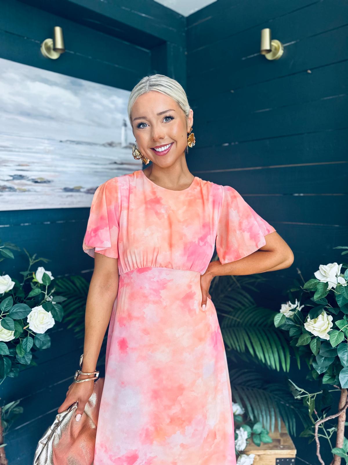 Eabha Angel Sleeve Midi Dress Peach