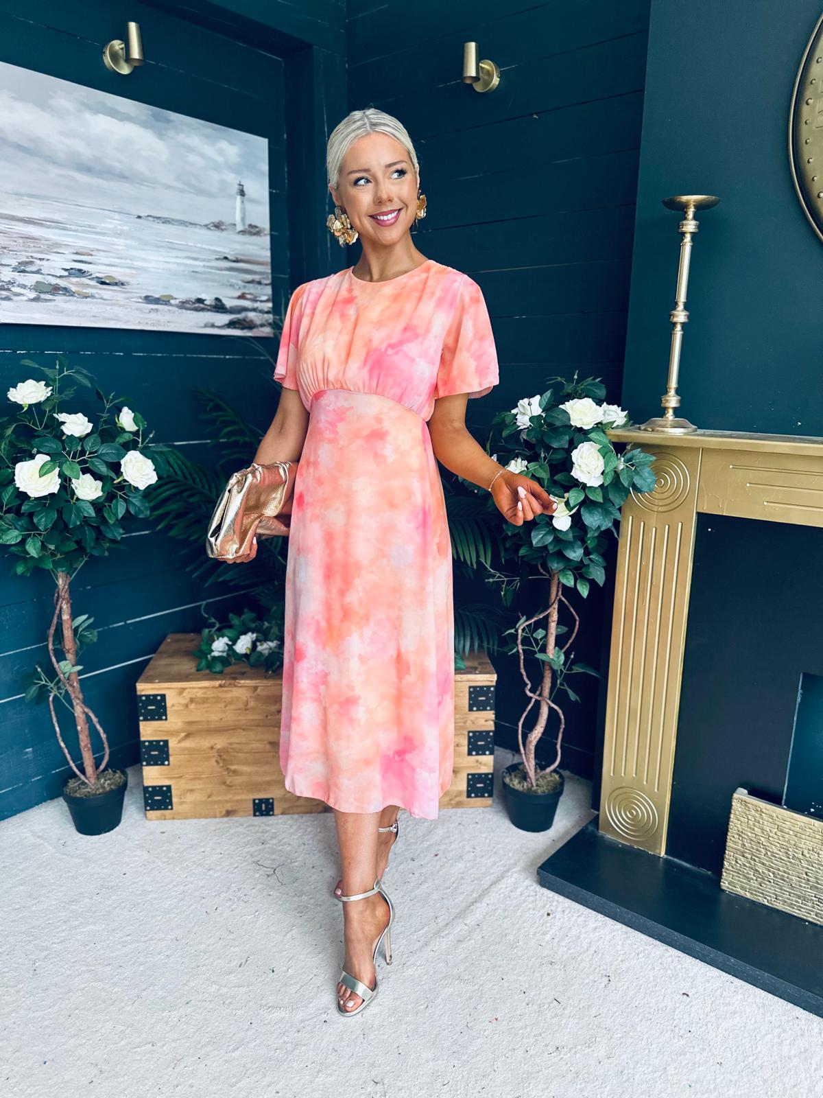 Eabha Angel Sleeve Midi Dress Peach