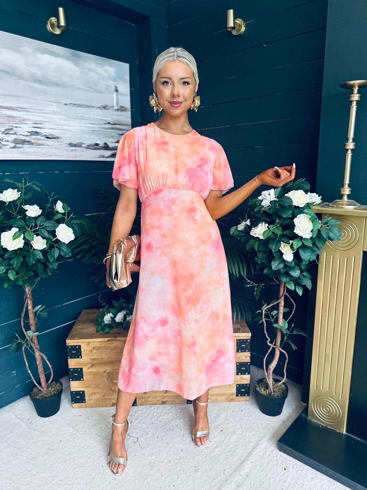 Eabha Angel Sleeve Midi Dress Peach