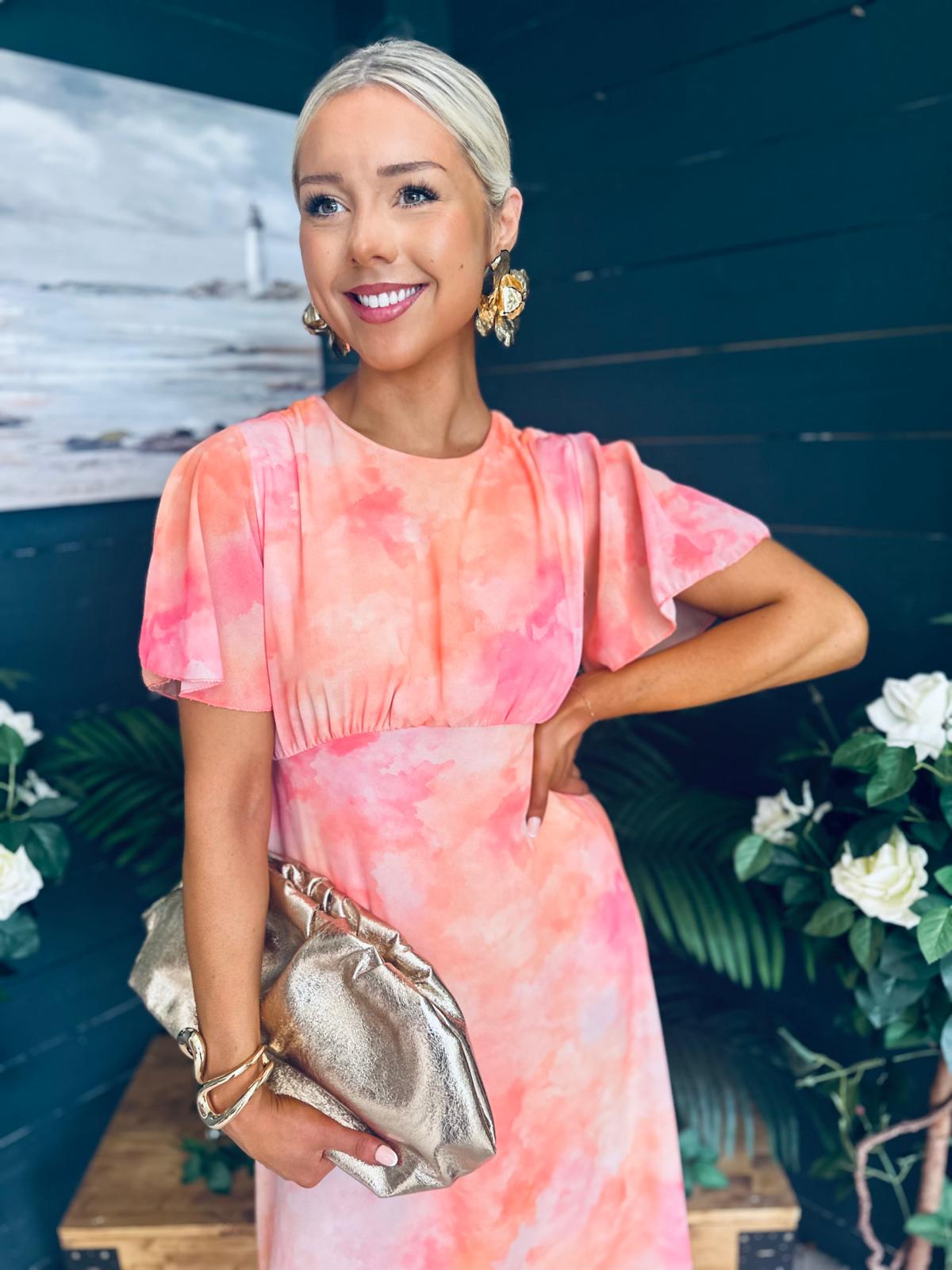 Eabha Angel Sleeve Midi Dress Peach