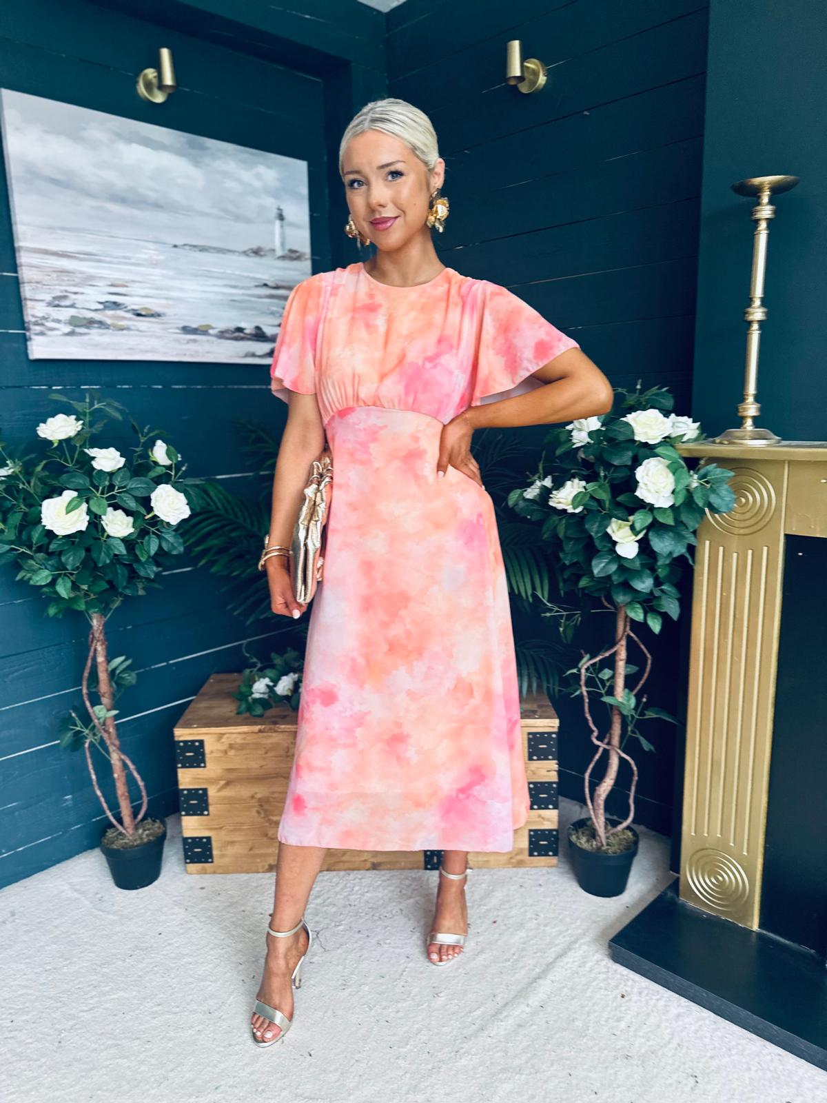 Eabha Angel Sleeve Midi Dress Peach