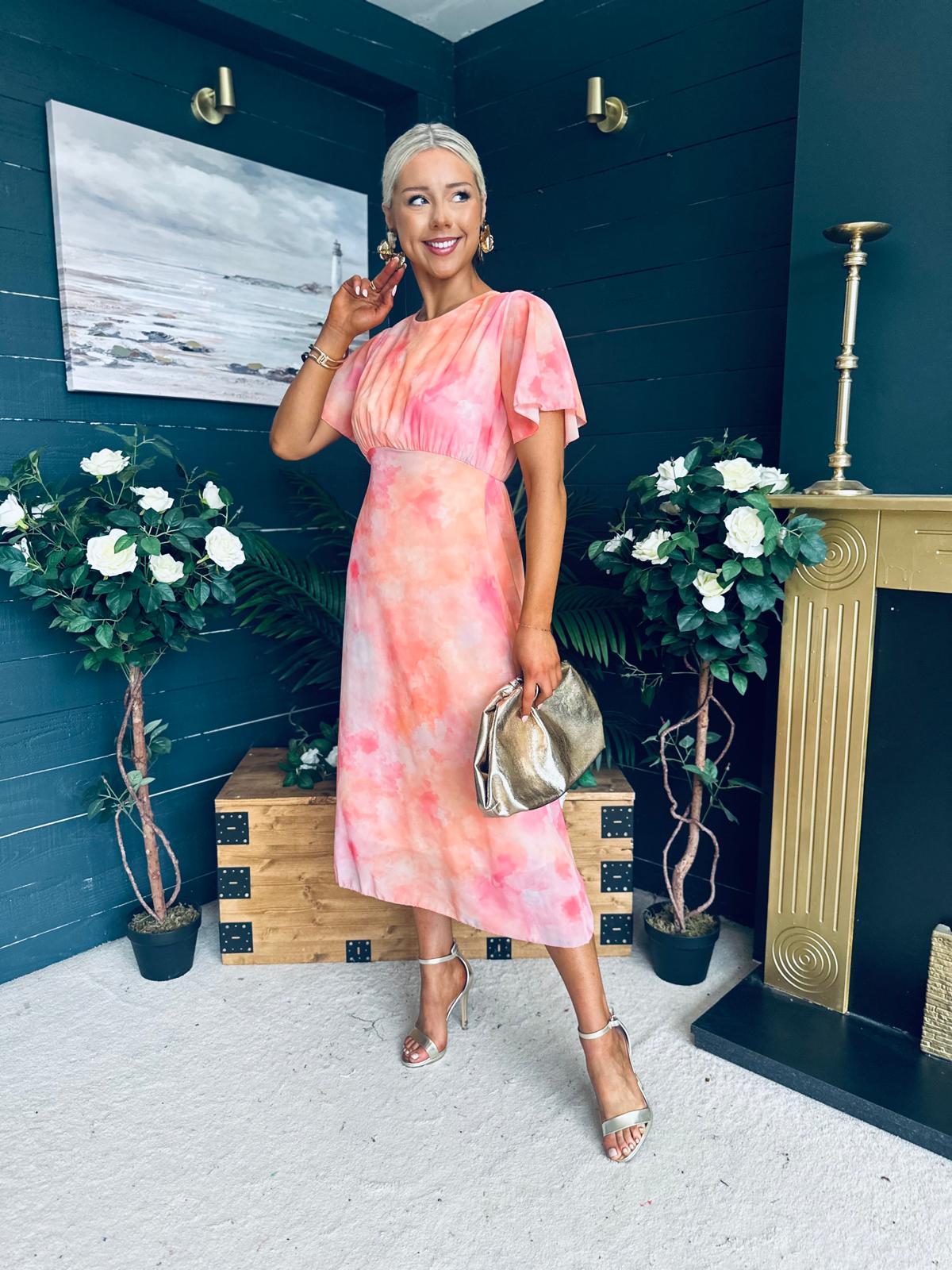 Eabha Angel Sleeve Midi Dress Peach