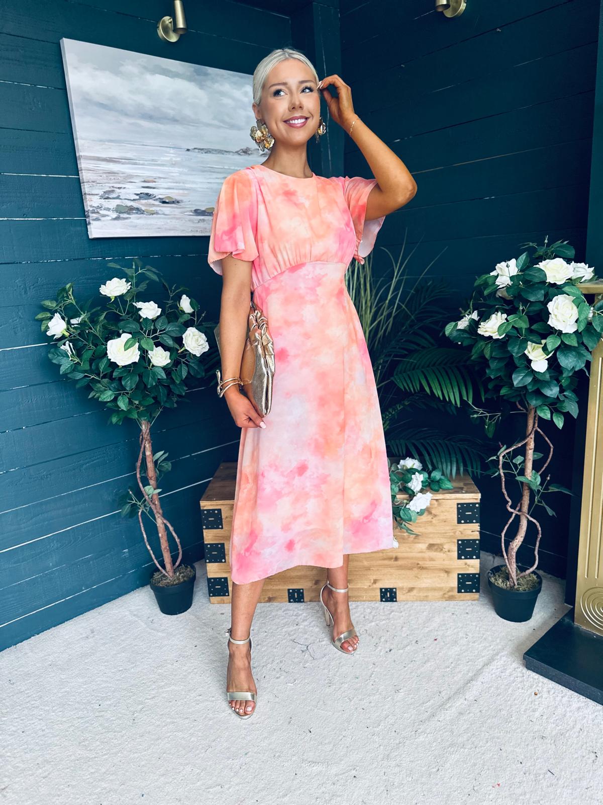 Eabha Angel Sleeve Midi Dress Peach