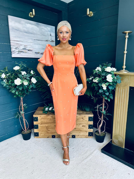 Kennedy Puff Sleeve Pearl Detail Occasion Dress Orange
