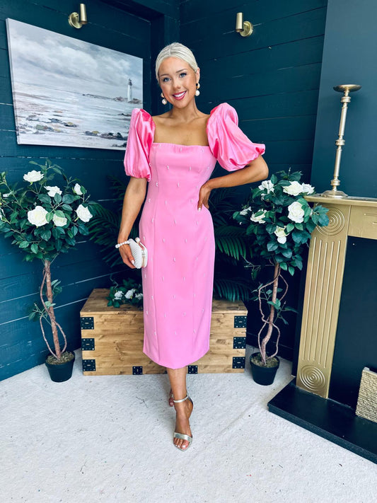 Kennedy Puff Sleeve Pearl Detail Occasion Dress Pink