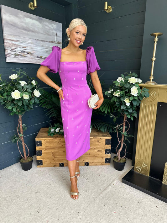 Kennedy Puff Sleeve Pearl Detail Occasion Dress Purple